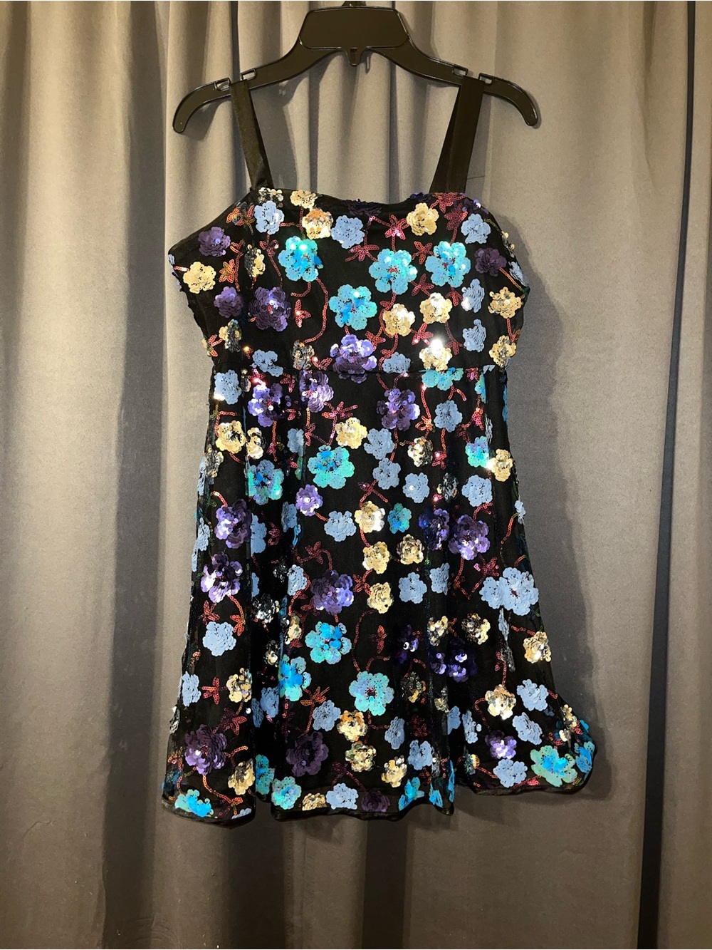 Girls Black Sequin Floral Party Dress with Blue & Purple Flowers